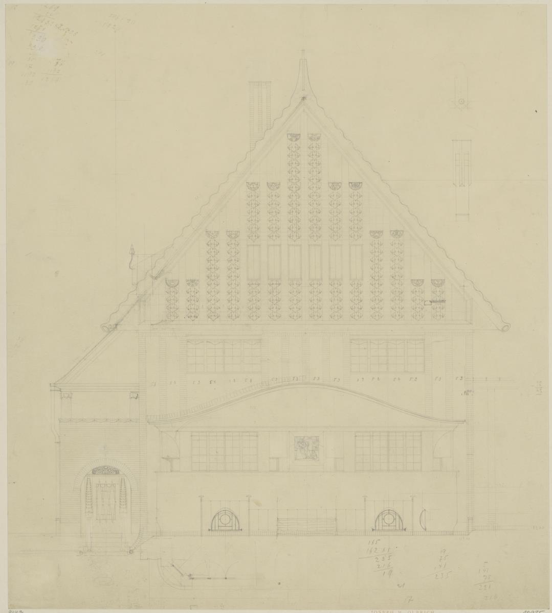 Darmstadt, Dreihäusergruppe, Aufriss der Südfassade des Eckhauses
