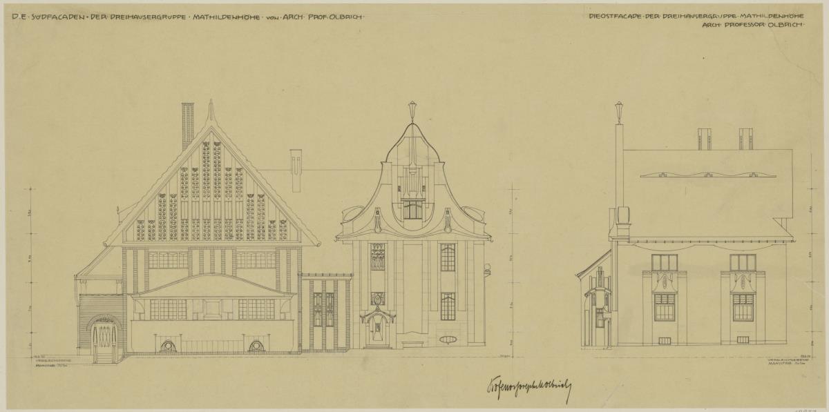 Darmstadt, Dreihäusergruppe, Aufrisse der Südfassaden und der Ostfassade des Predigerhauses