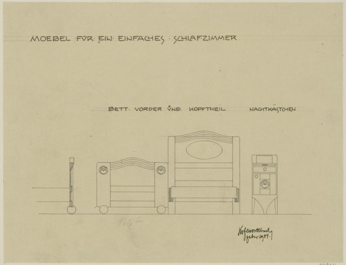 Darmstadt, Dreihäusergruppe, Eckhaus, erstes Obergeschoss, Schlafzimmer, Raum 10, Aufrisse von Kopf und Fußteil des Bettes sowie Schnitt; Aufriss des Nachtschränkchens