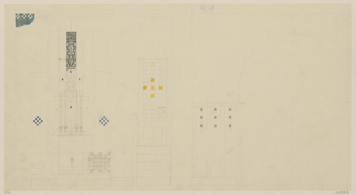 Darmstadt, Dreihäusergruppe, Predigerhaus, Erdgeschoss, Amtszimmer, Raum 28, Aufrisse der Nordwand und der Südwand zum Erker