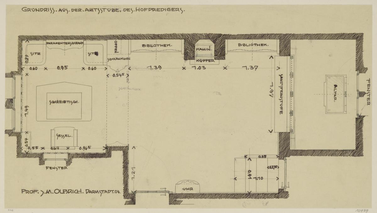 Darmstadt, Dreihäusergruppe, Predigerhaus, Erdgeschoss, Amtszimmer, Raum 28, Grundriss mit Möblierungsplan