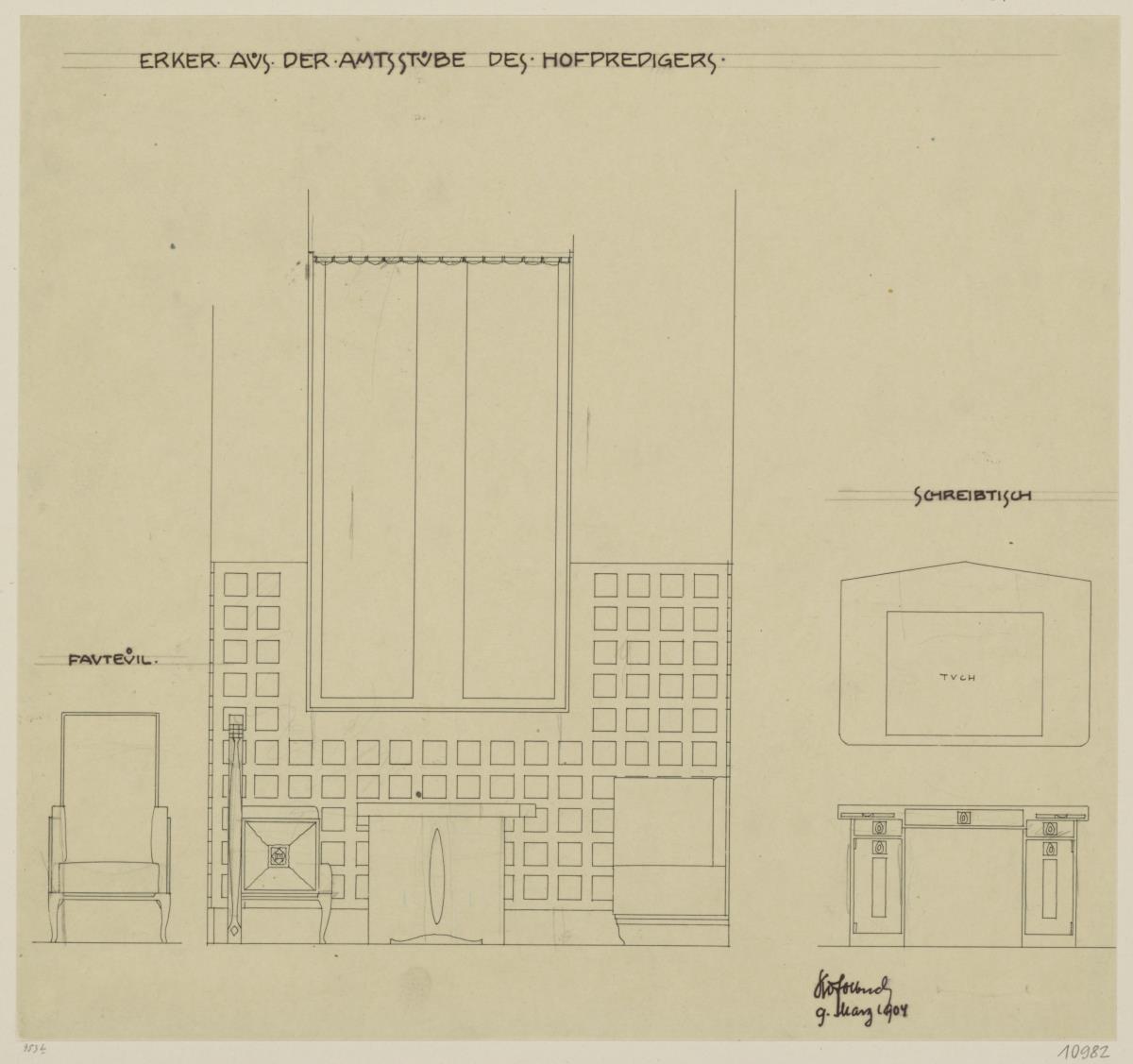 Darmstadt, Dreihäusergruppe, Predigerhaus, Erdgeschoss, Amtszimmer, Raum 28, Aufriss der Südwand des Erkers, Aufriss des Sessels sowie Aufriss und Grundriss des Schreibtisches