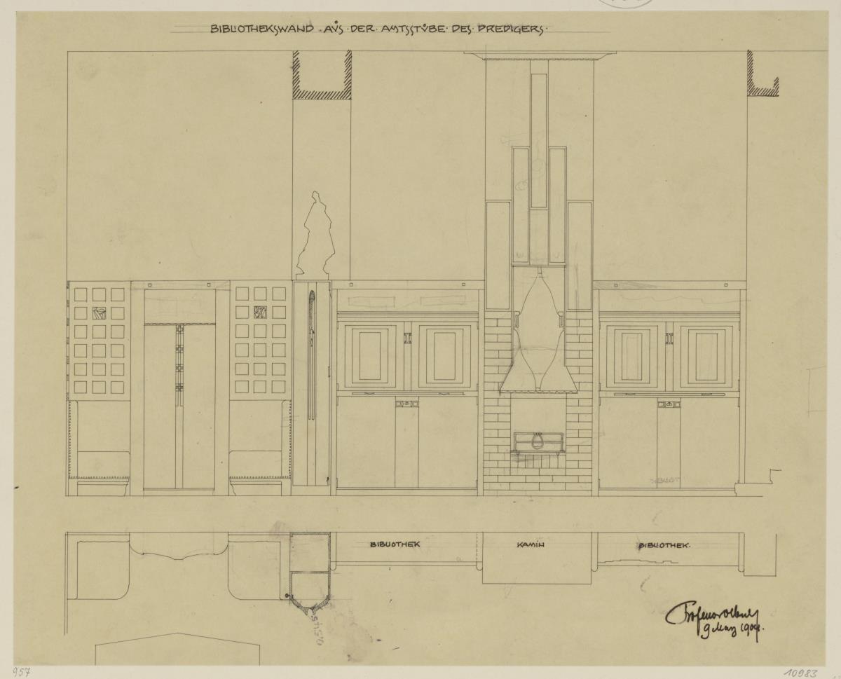 Darmstadt, Dreihäusergruppe, Predigerhaus, Erdgeschoss, Amtszimmer, Raum 28, Aufriss und Grundriss der Westwand