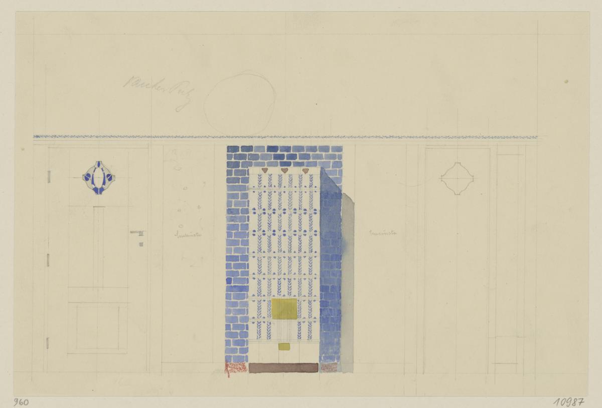 Darmstadt, Dreihäusergruppe, Predigerhaus, Erdgeschoss, Diele, Raum 29, Aufriss der Ostwand
