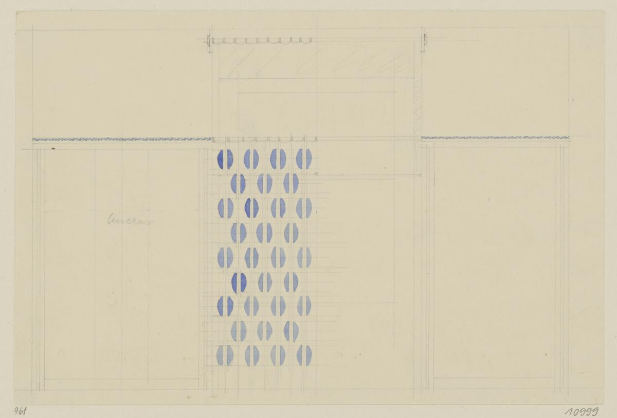 Darmstadt, Dreihäusergruppe, Predigerhaus, Erdgeschoss, Speisezimmer, Raum 31, Aufriss der Ostwand