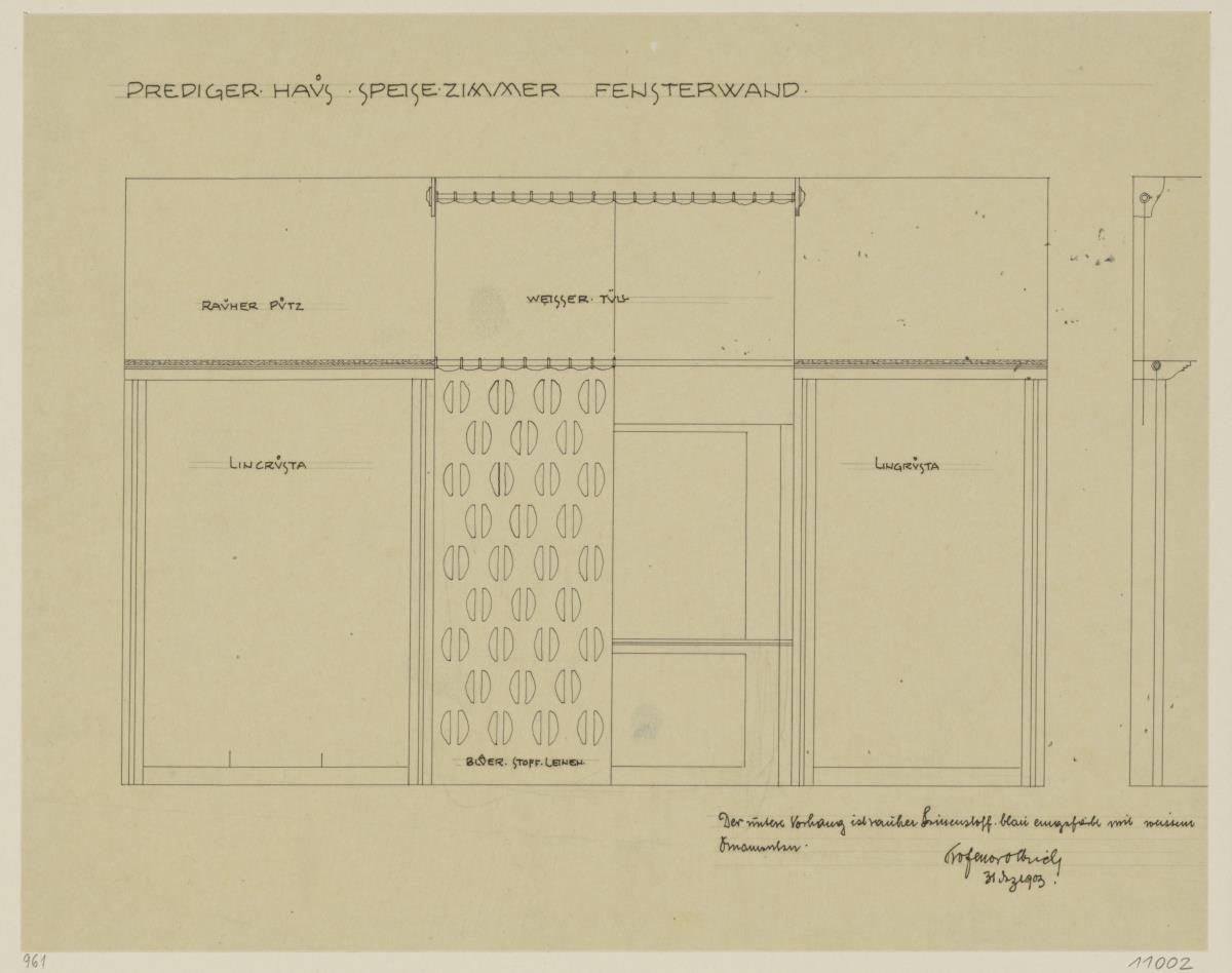 Darmstadt, Dreihäusergruppe, Predigerhaus, Erdgeschoss, Speisezimmer, Raum 31, Aufriss und Schnitt der Ostwand