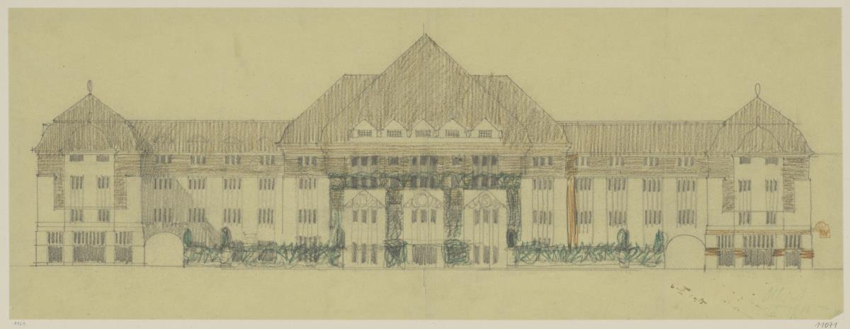 Darmstadt, Projekt Eleonorenhotel, Skizzenblatt mit Aufriss der Hauptfassade