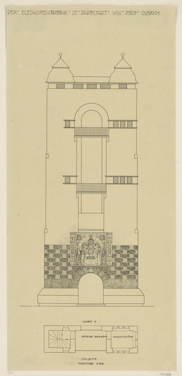 Darmstadt, Ausstellungsgebäude und Hochzeitsturm, 1. Vorentwurf, Grundriss und Aufriss der Hauptfassade