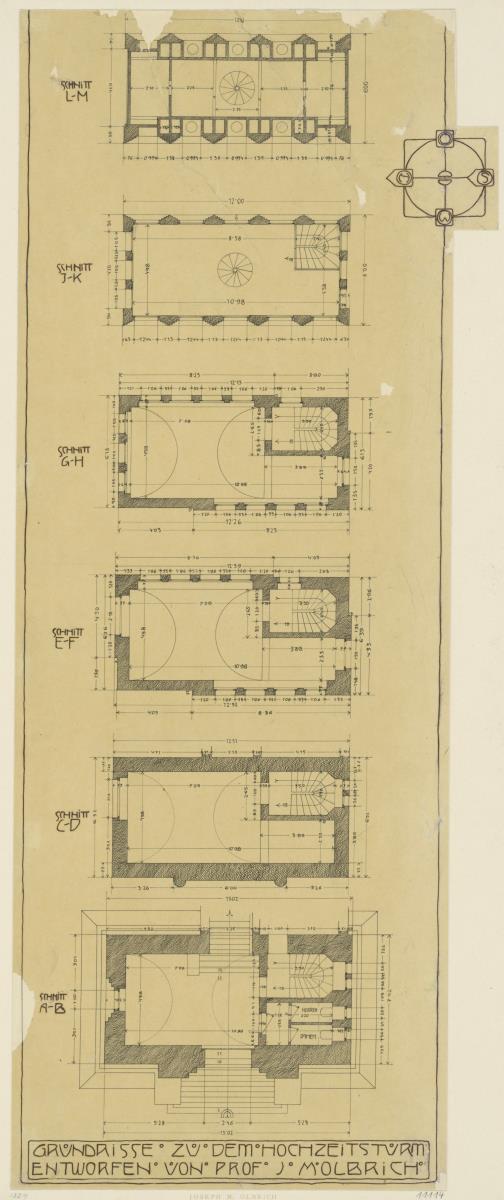 Darmstadt, Ausstellungsgebäude und Hochzeitsturm, Vorentwurf, sechs Grundrisse des Turmes