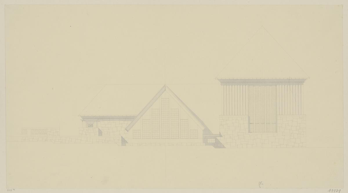 Köln, Frauenrosenhof der Deutschen Kunstausstellung, Variante zum Vorentwurf, Aufriss der Südostfassade