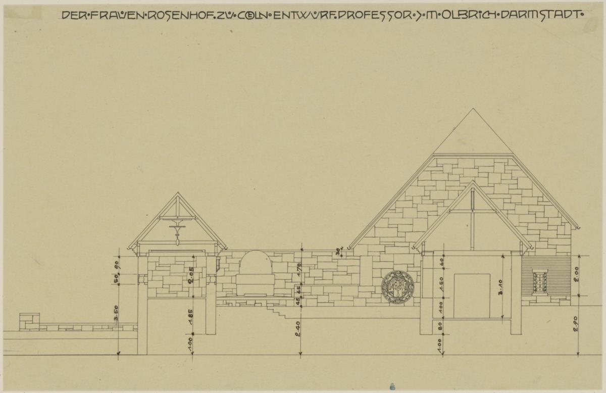 Köln, Frauenrosenhof der Deutschen Kunstausstellung, Aufriss der Südwestfassade des Hofes mit Schnitten durch den Nordwest- und Südflügel