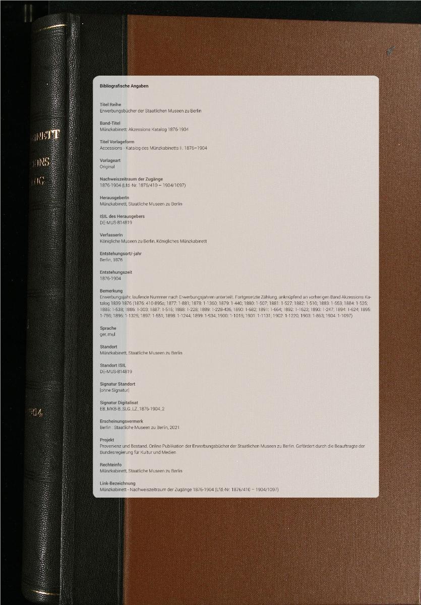 Accessions - Katalog des Münzkabinetts II. 1876–1904