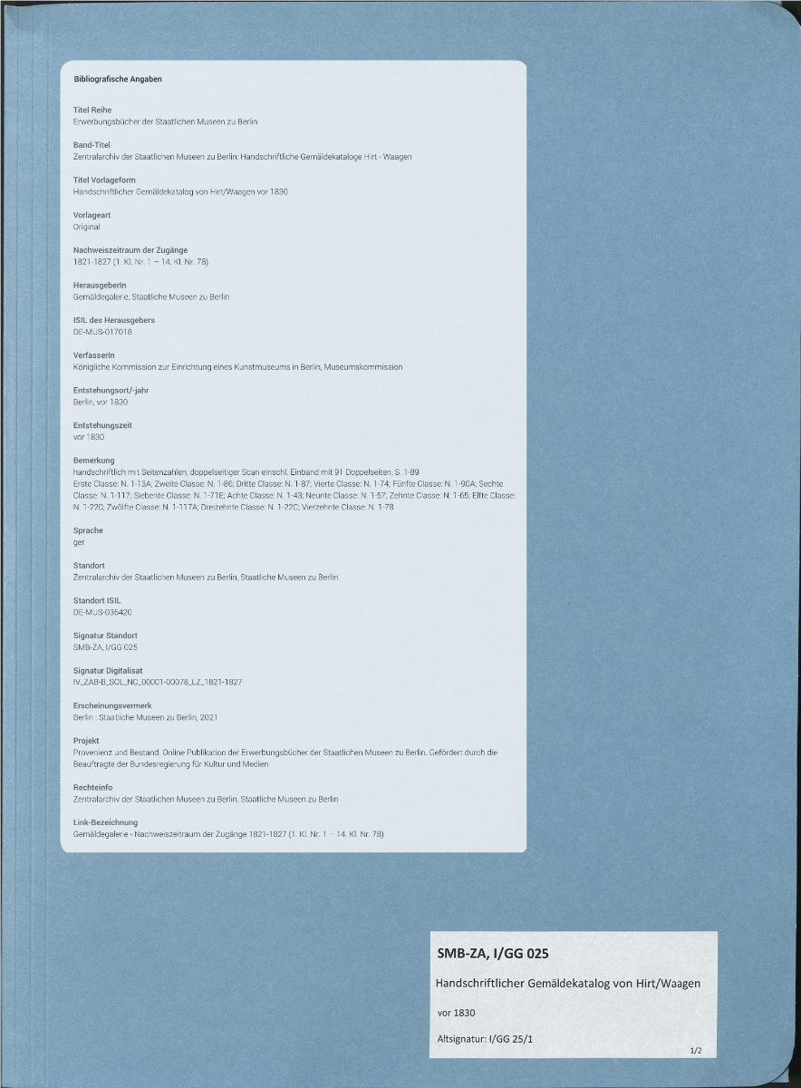 Handschriftlicher Gemäldekatalog von Hirt/Waagen vor 1830