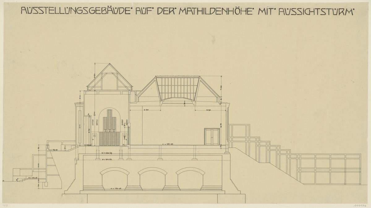 Darmstadt, Ausstellungsgebäude und Hochzeitsturm, Vorentwurf, Schnitt durch den Südflügel
