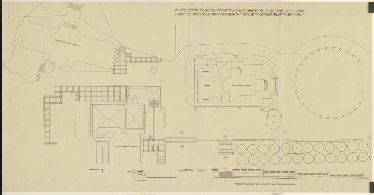 Darmstadt, Ausstellungsgebäude und Hochzeitsturm, Situationsplan, Detail