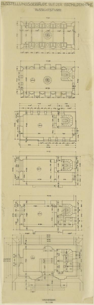 Darmstadt, Ausstellungsgebäude und Hochzeitsturm, sechs Grundrisse des Turmes