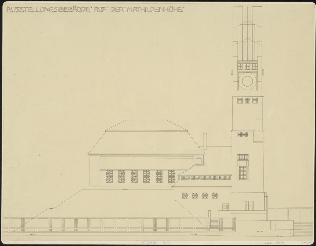 Darmstadt, Ausstellungsgebäude und Hochzeitsturm, Aufriss der Nordfassade