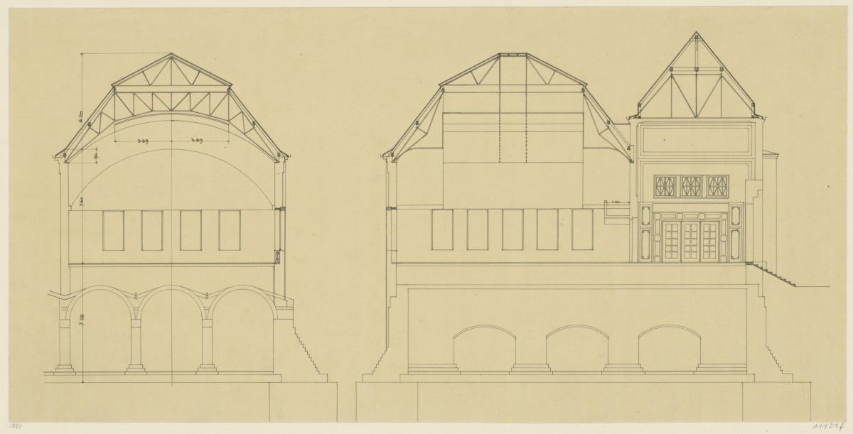 Darmstadt, Ausstellungsgebäude und Hochzeitsturm, Schnitte durch den Nord und Südflügel des Ausstellungsgebäudes