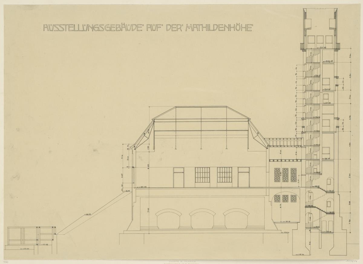 Darmstadt, Ausstellungsgebäude und Hochzeitsturm, Schnitt durch Nordflügel und Turm