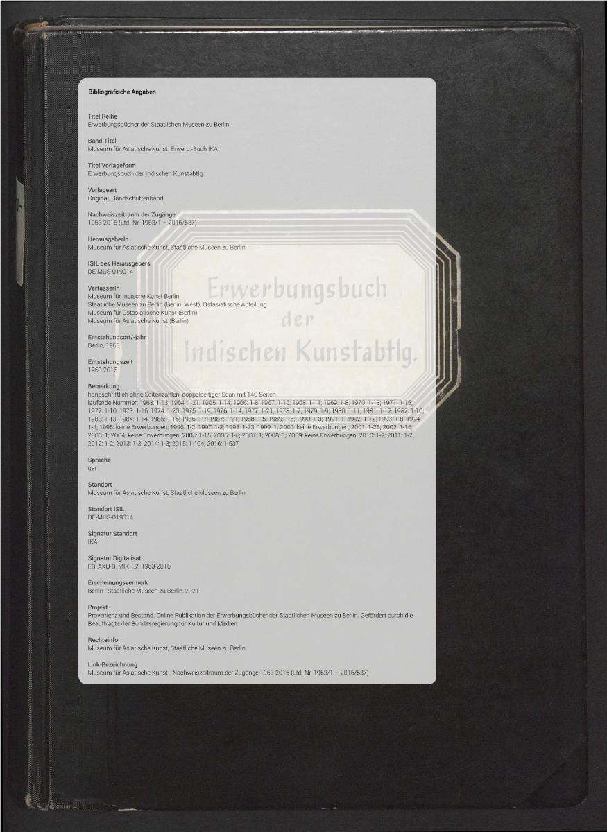 Erwerbungsbuch der Indischen Kunstabtlg.