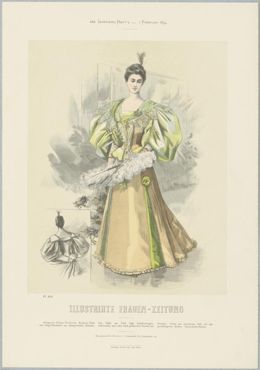 Illustrirte Frauen-Zeitung: Elegante Diner-Toilette mit Fächer