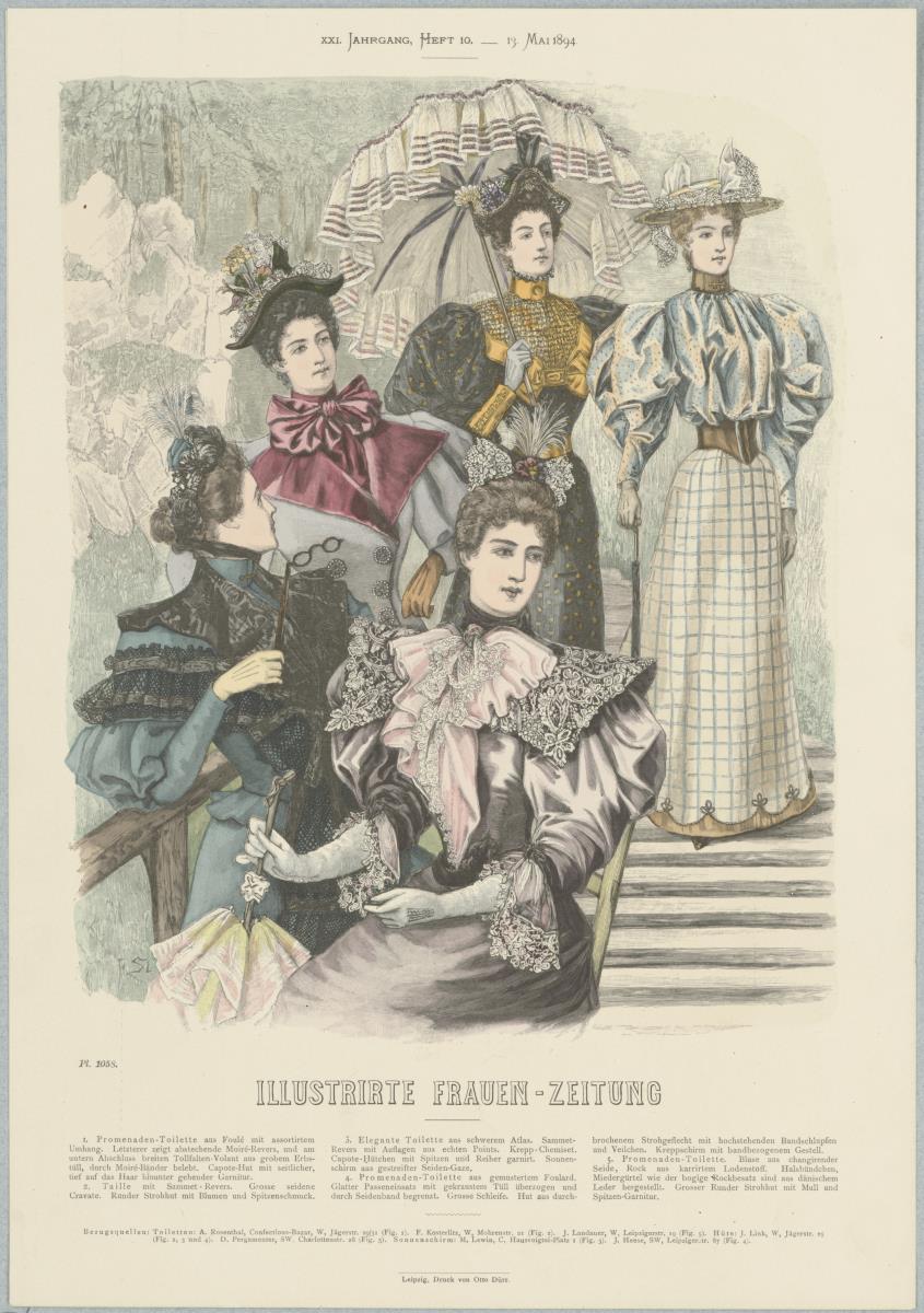 Illustrirte Frauen-Zeitung: Promenaden-Toiletten und elegante Toilette mit Kapottenhütchen