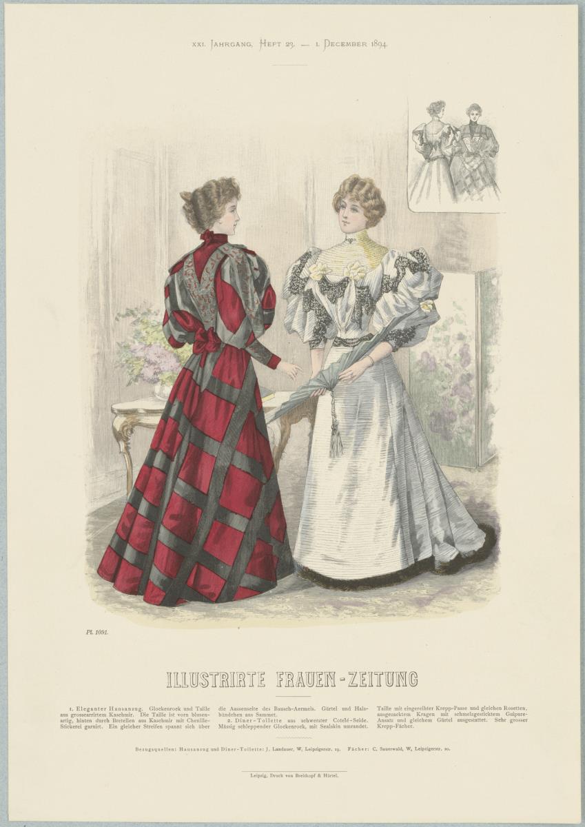 Illustrirte Frauen-Zeitung: Eleganter Hausanzug und Diner-Toilette mit grossem Krepp-Fächer