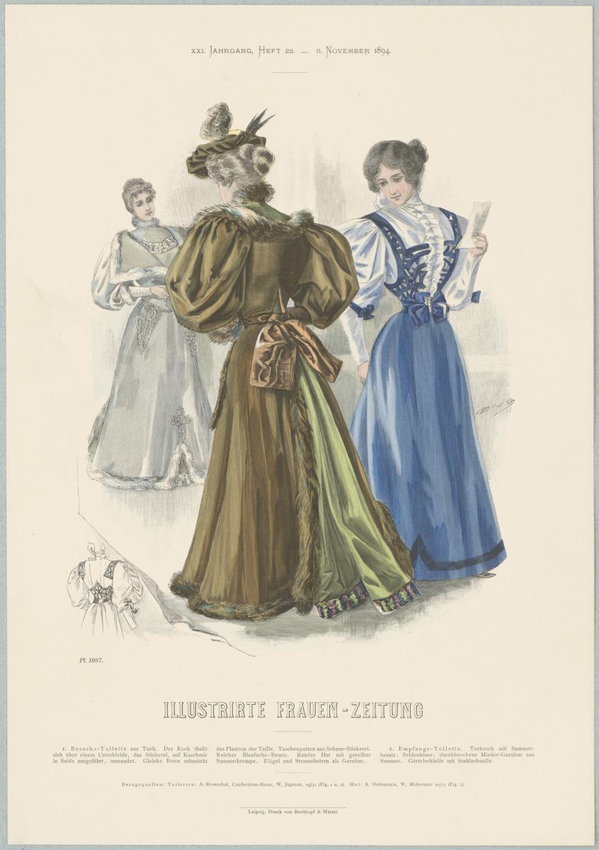 Illustrirte Frauen-Zeitung: Besuchs-Toilette mit rundem Hut und Empfangs-Toilette mit Seidenbluse
