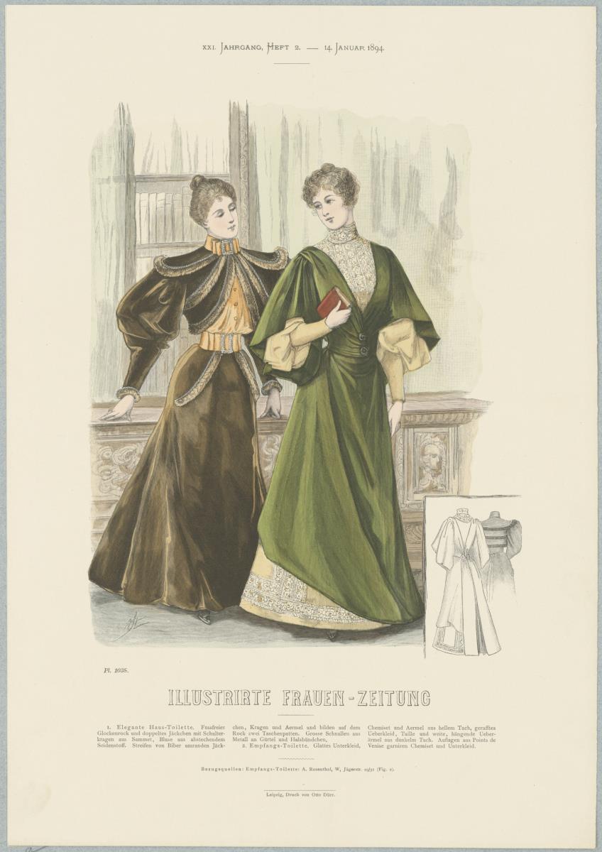 Illustrirte Frauen-Zeitung: Elegante Haus-Toilette mit doppeltem Jäckchen und Empfangs-Toilette mit gerafftem Überkleid