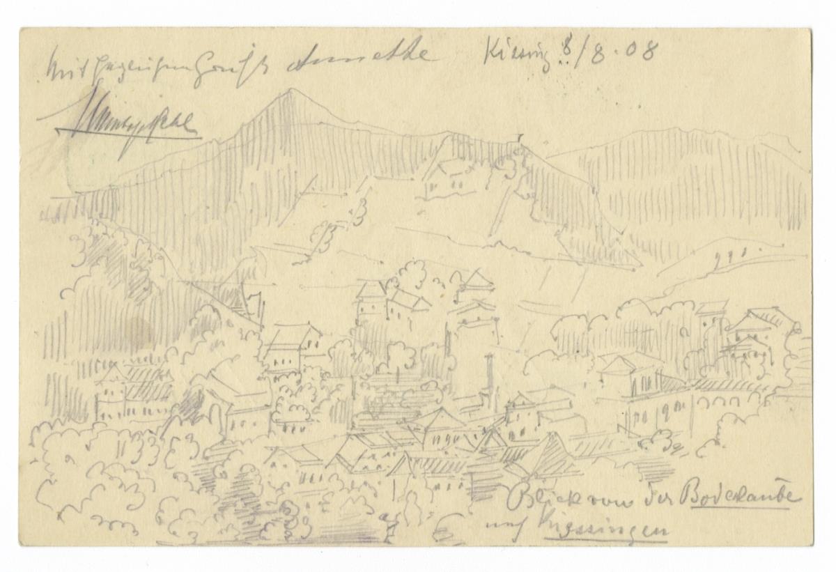 Bad Kissingen, Stadtansicht mit Landschaft, Zeichnung auf Postkarte