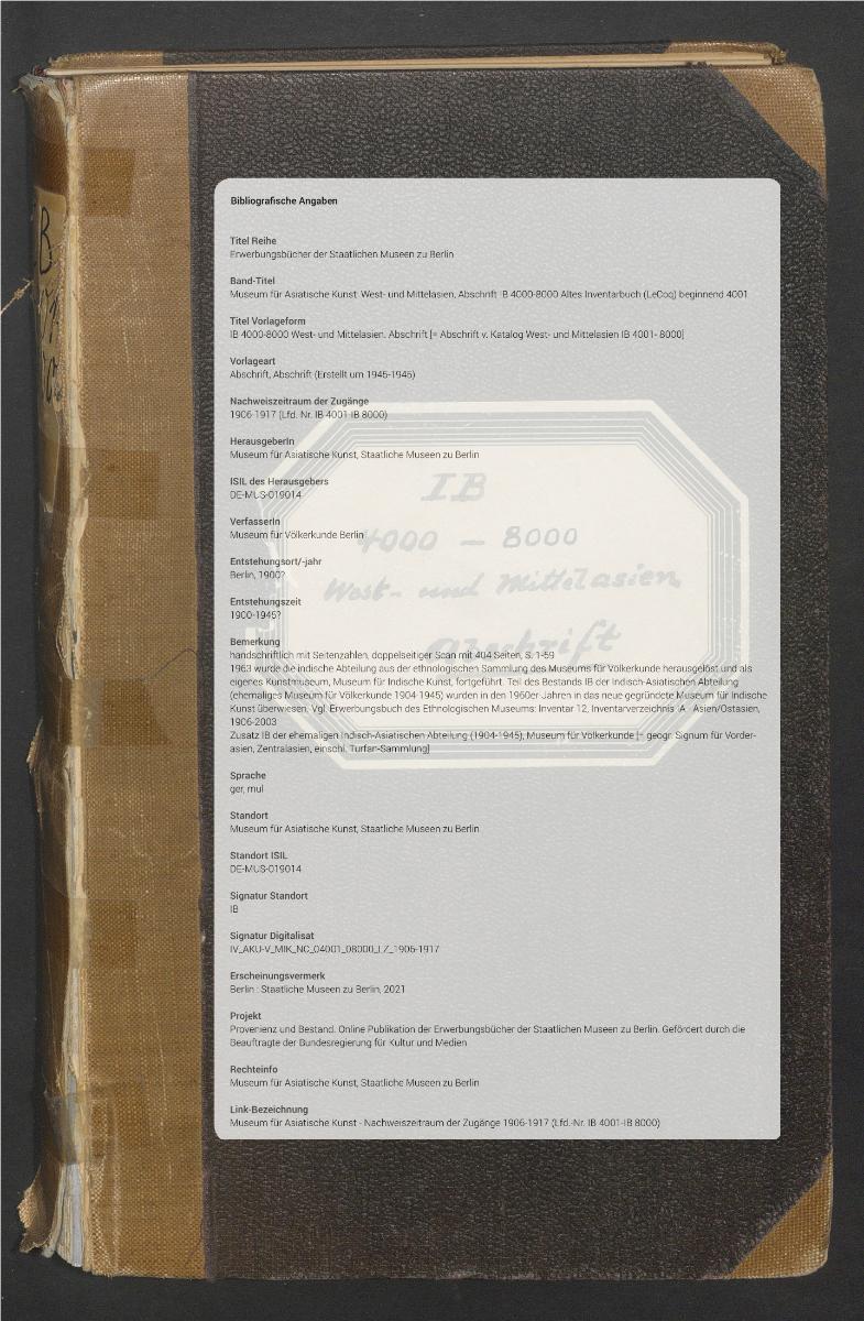 IB 4000-8000 West- und Mittelasien. Abschrift [= Abschrift v. Katalog West- und Mittelasien IB 4001- 8000]