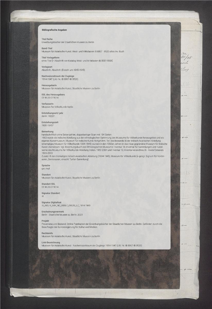 ohne Titel [= Abschrift von Katalog West- und Mittelasien IB 8001-9596]