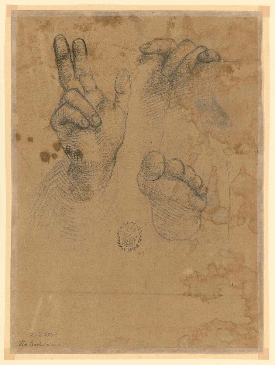 Studienblatt mit segnender Hand, einem Fuß und den Fingern einer Hand