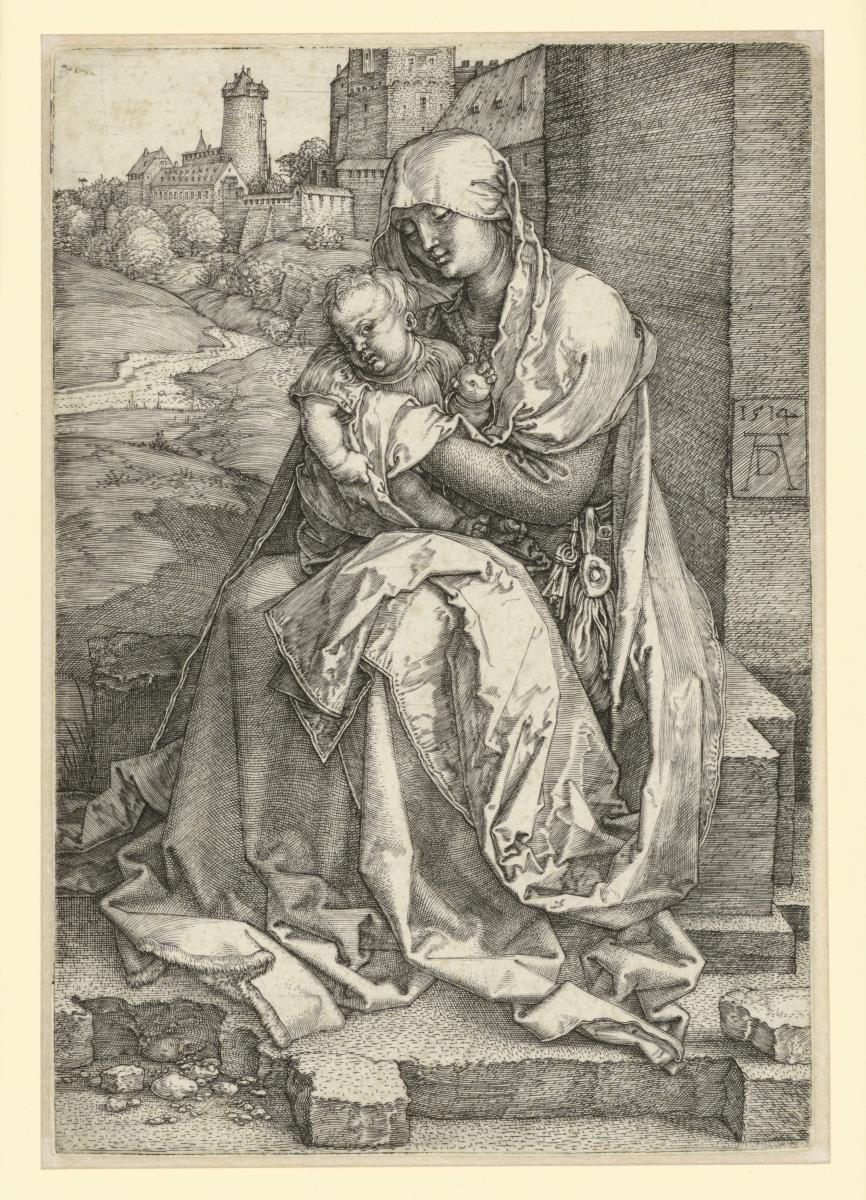 Maria mit Kind vor einer Mauer sitzend