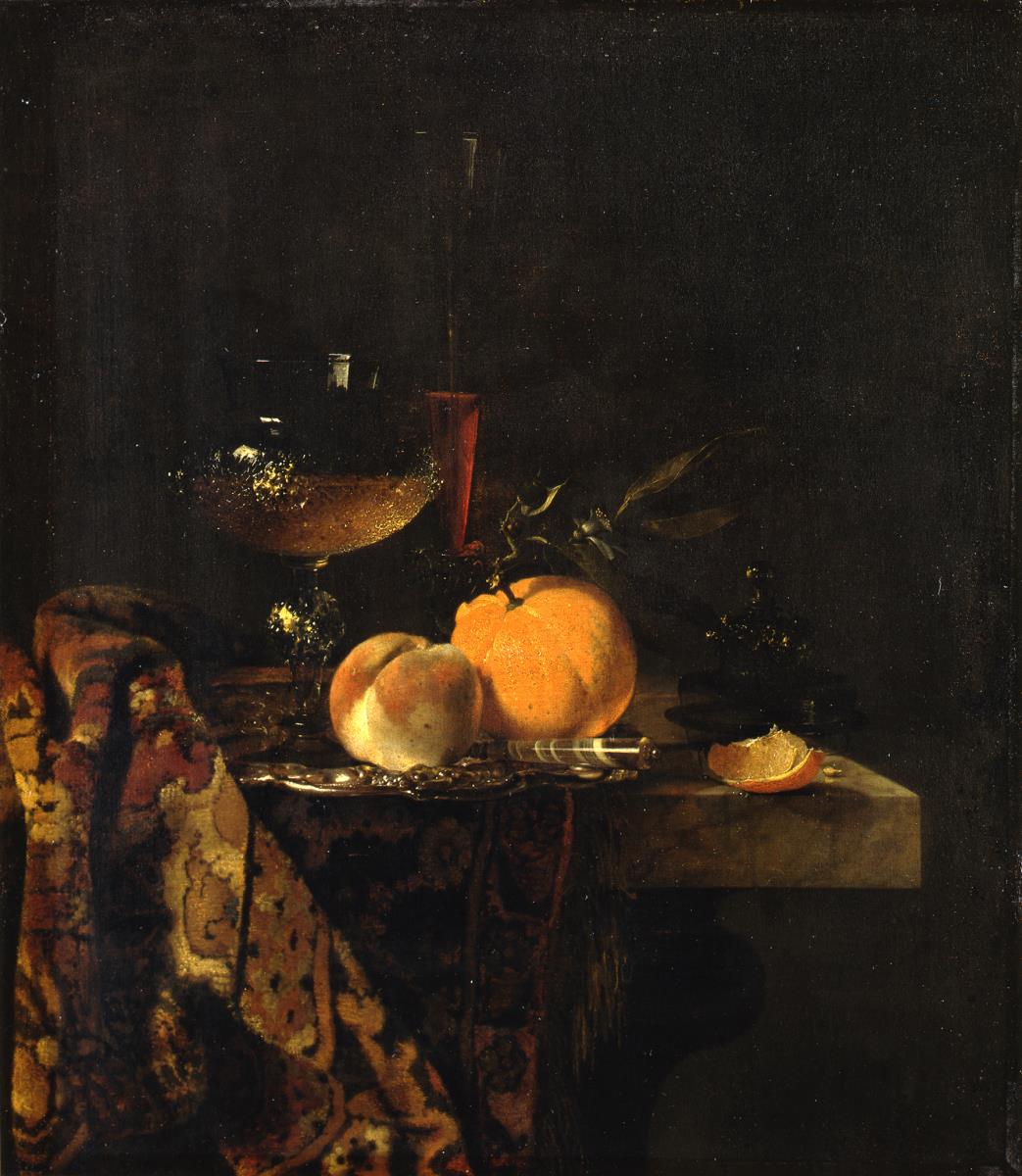 Stillleben mit Glaspokalen und Früchten