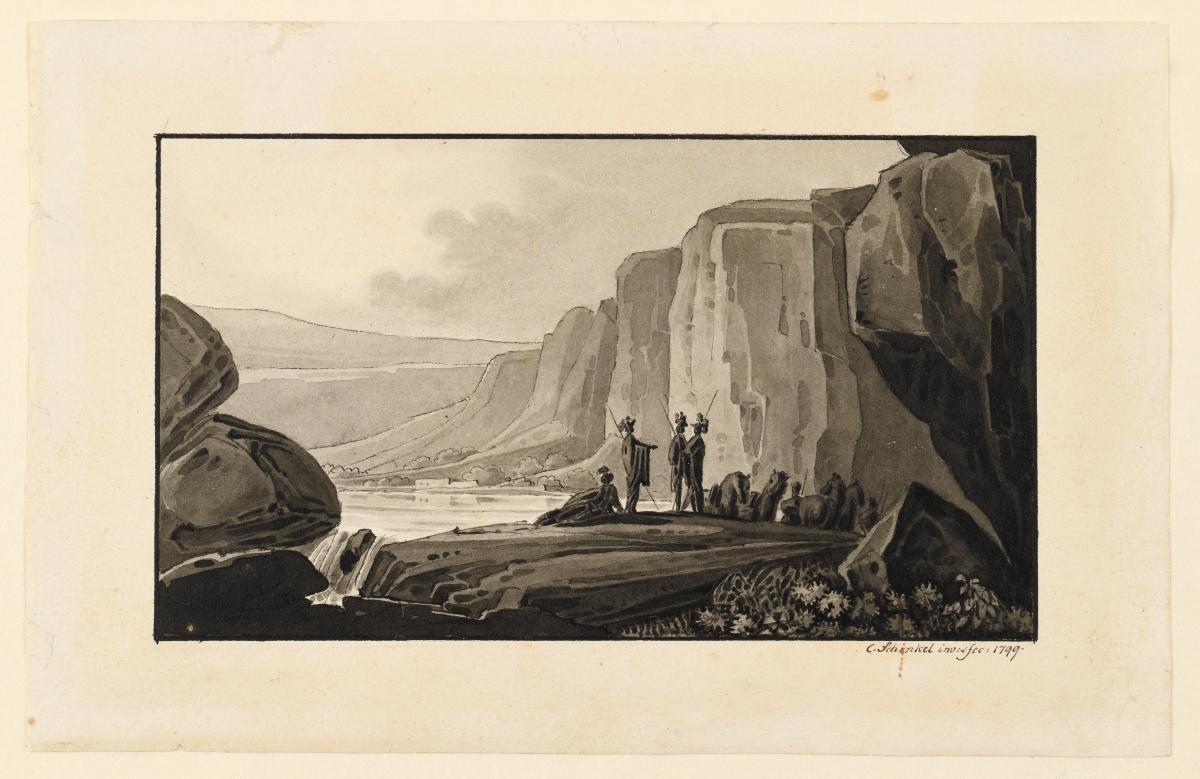 Klippenlandschaft mit Soldaten und Pferden