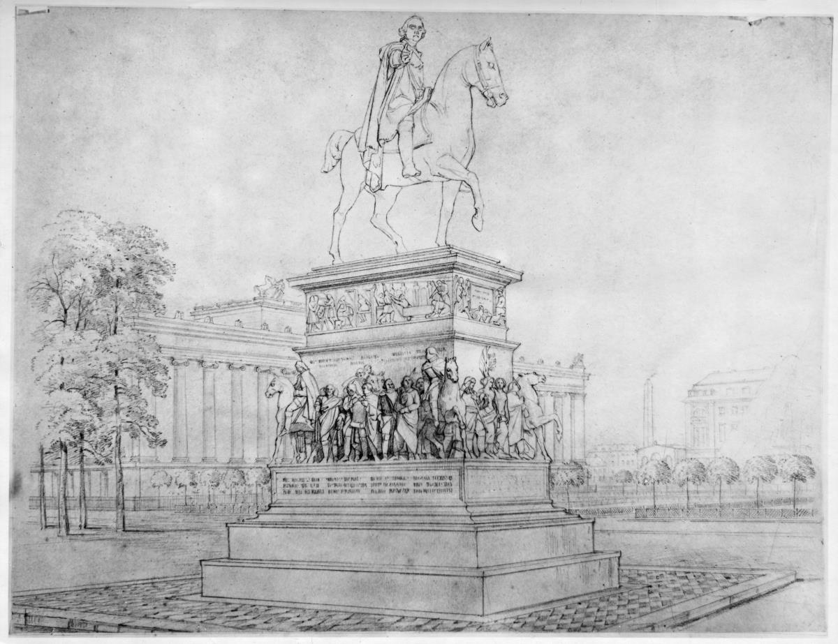 Entwurf zu einem Standbild / Friedrichs-Denkmal in Berlin.
Mit vier Eckreitern am Piedestal