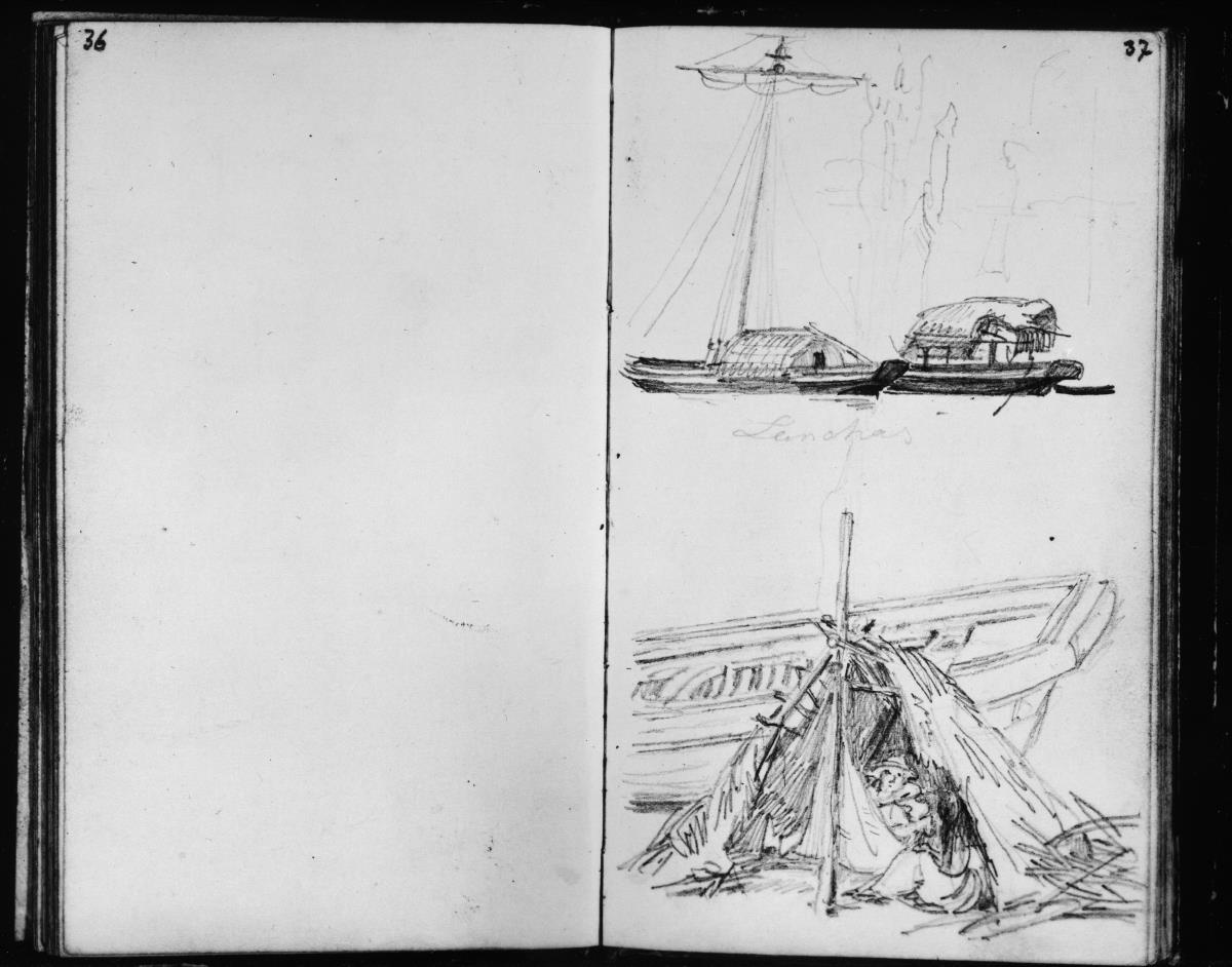 Segelboote mit Kajüten; Zelt mit Indios