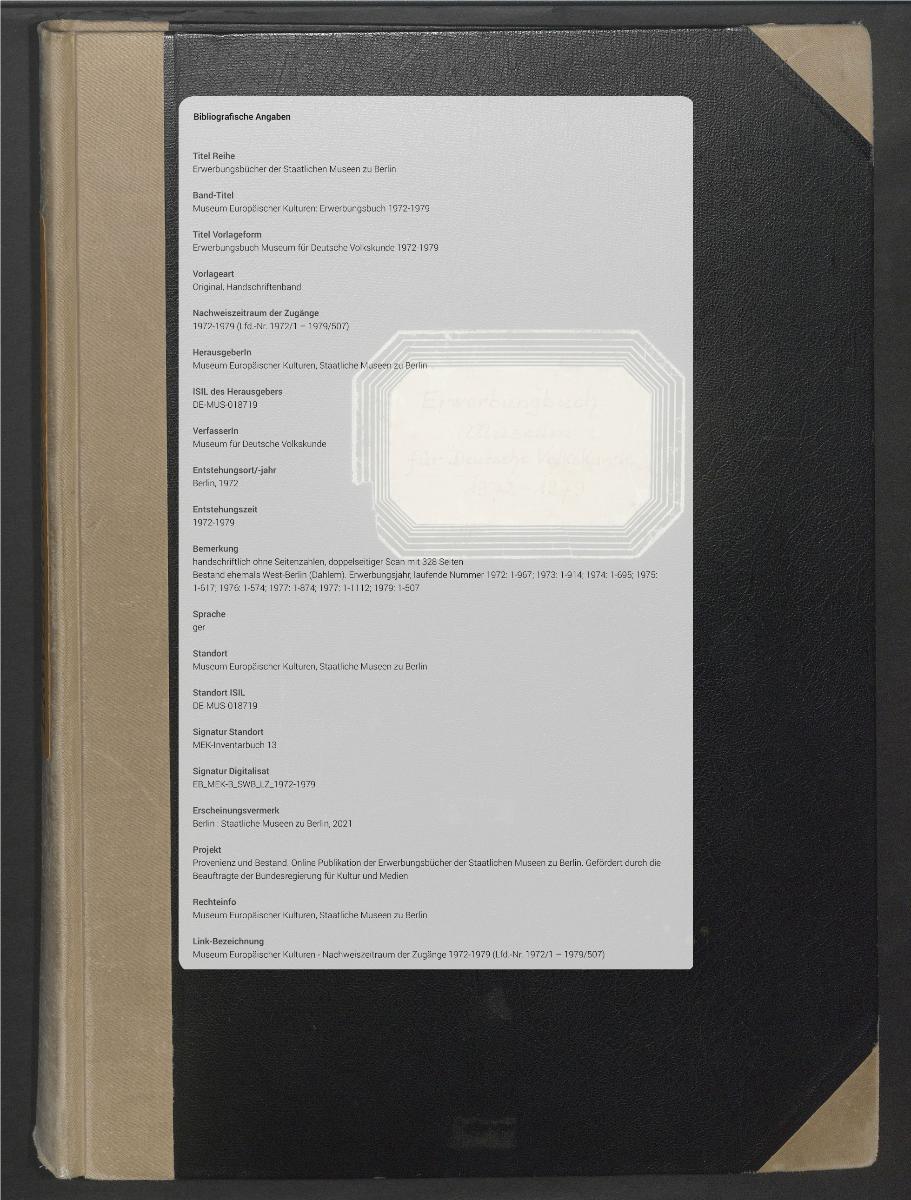 Erwerbungsbuch Museum für Deutsche Volkskunde 1972-1979