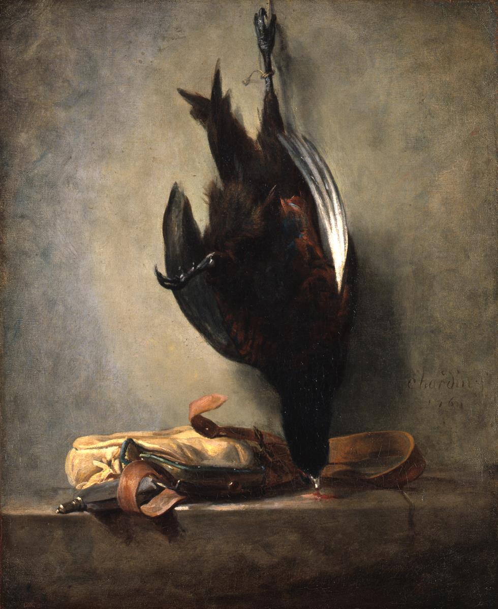 Stillleben mit totem Fasan und Jagdtasche