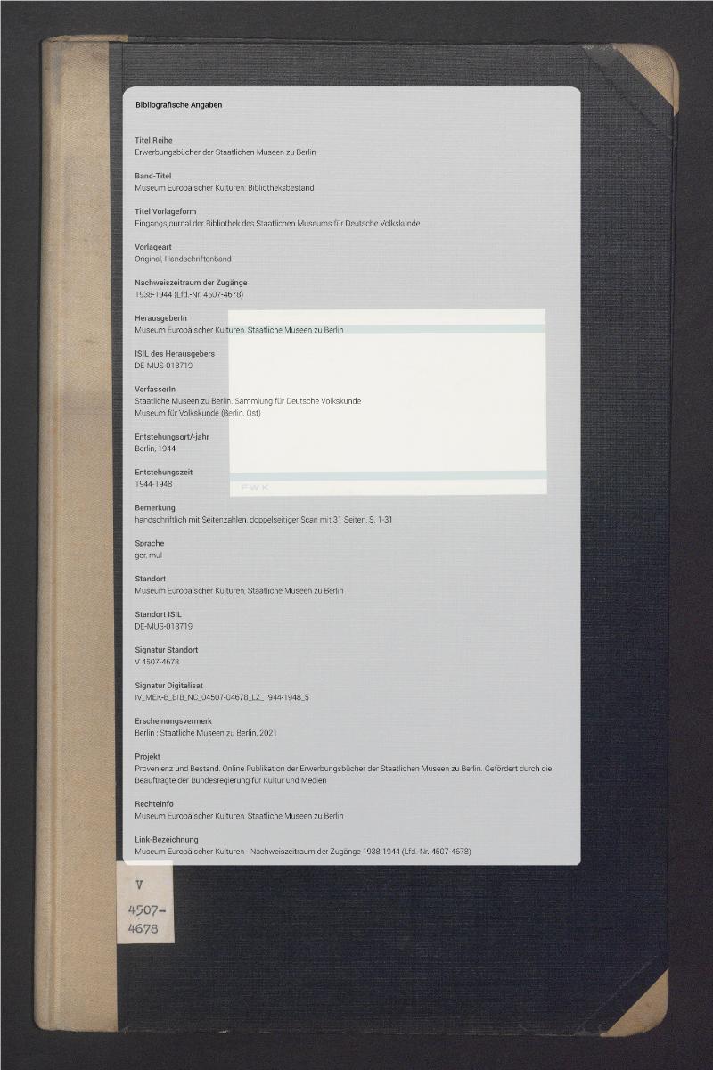Eingangsjournal der Bibliothek des Staatlichen Museums für Deutsche Volkskunde