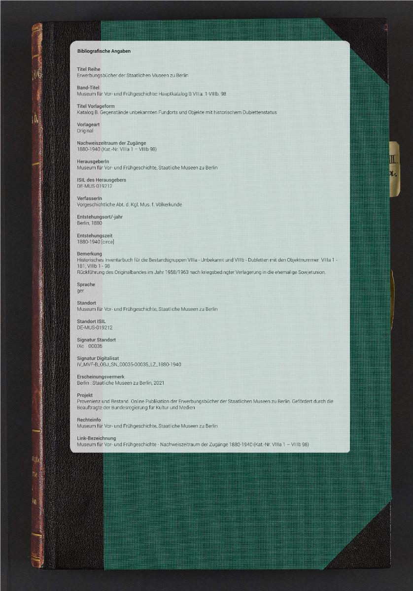 Katalog B. Gegenstände unbekannten Fundorts und Objekte mit historischem Dublettenstatus