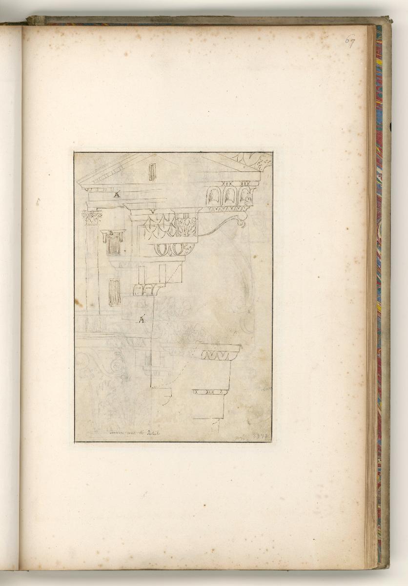 Rom, Sant Urbano alla Cafarella, Aufriss einer mit kollosaler Pilasterordnung und Giebel versehenen Fassade; Verso: Kapitell, Fensterstützen