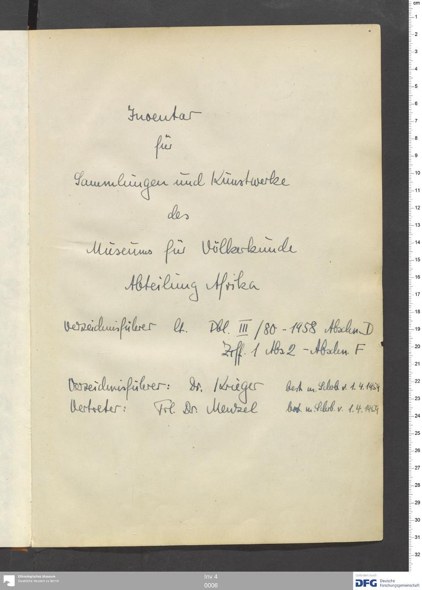 Inventar für Sammlungen und Kunstwerke des Museums für Völkerkunde Abteilung Afrika