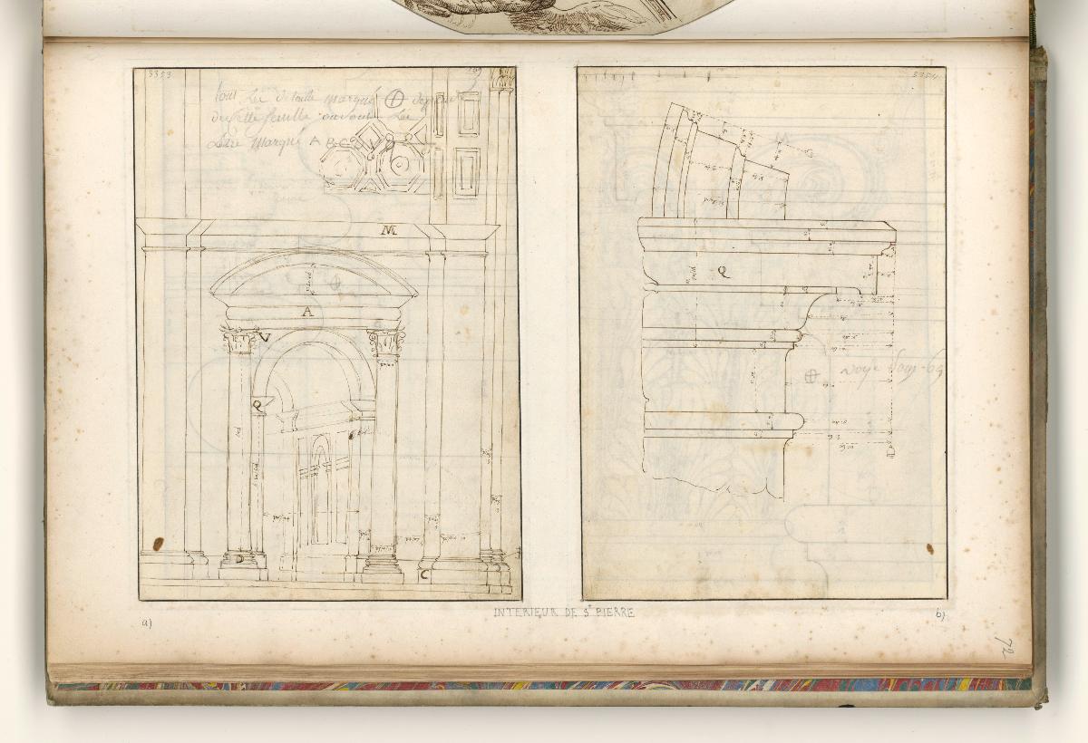 Rom, Hdz 3354 (oben): St. Peter, Kämpfergesims, Verso: Maßangaben; Hdz 3353 (unten): Blick durch den nördlichen Querhausarm, Verso: Basisprofil