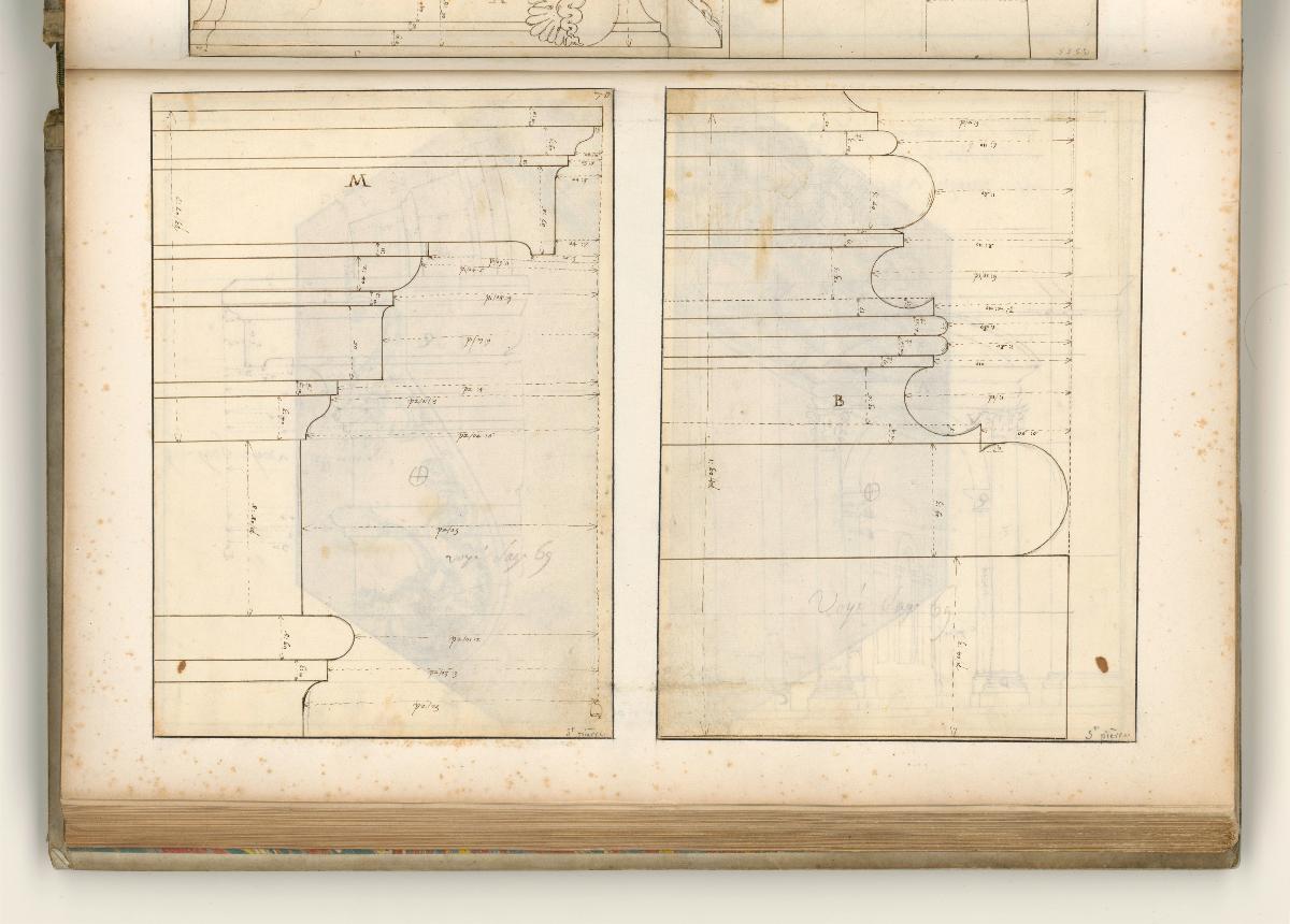 Rom, Hdz 3354 (oben): St. Peter, Kämpfergesims, Verso: Maßangaben; Hdz 3353 (unten): Blick durch den nördlichen Querhausarm, Verso: Basisprofil