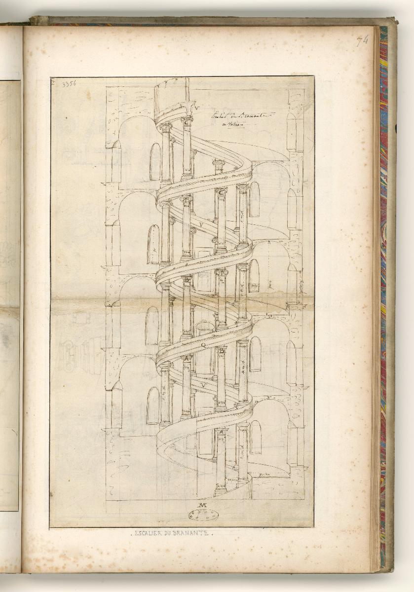 Rom, Cortile del Belvedere, Bramantes Treppe, Schnitt und Maßangaben; Verso: Grundriss der Treppe und Details der Säulenordnung