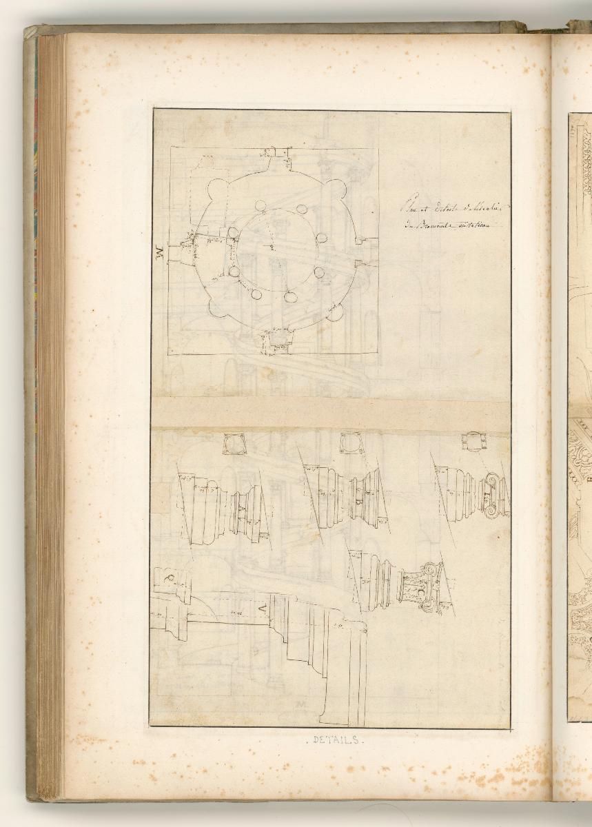 Rom, Cortile del Belvedere, Bramantes Treppe, Schnitt und Maßangaben; Verso: Grundriss der Treppe und Details der Säulenordnung