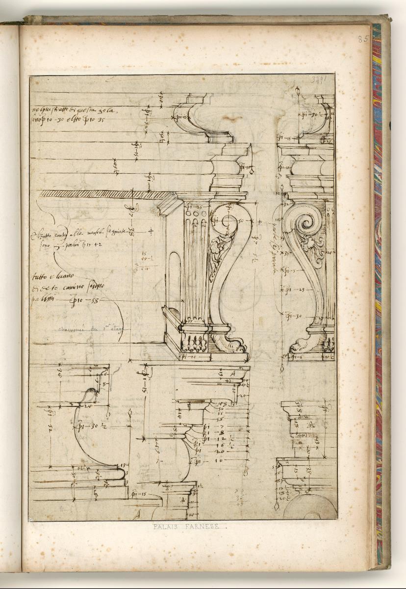 Rom, Palazzo Farnese: piano nobile, Kamin, Ansicht und Details; Verso: Ansichten von Kapitellen, Gebälken, Säulen und Balustern