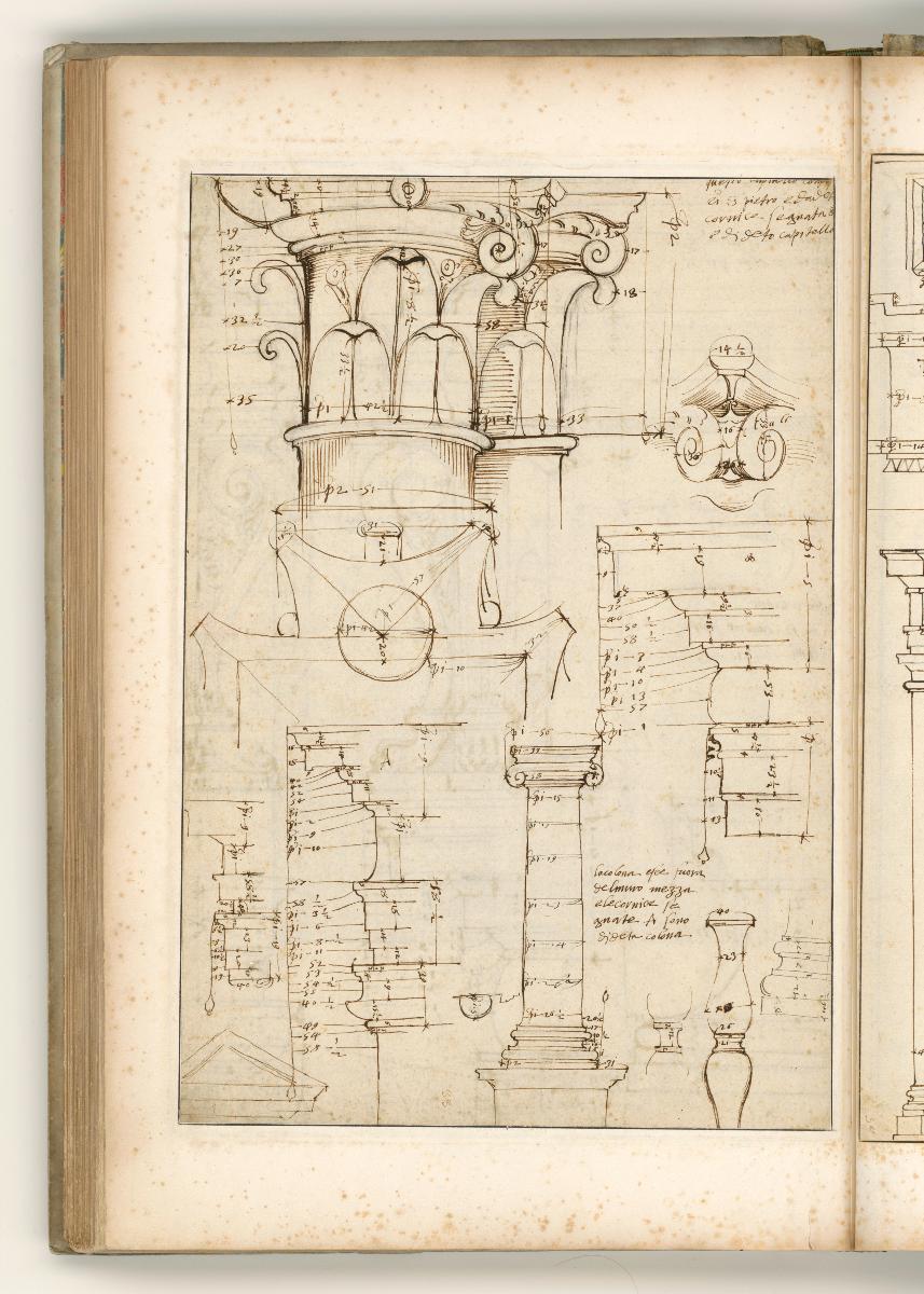 Rom, Palazzo Farnese: piano nobile, Kamin, Ansicht und Details; Verso: Ansichten von Kapitellen, Gebälken, Säulen und Balustern